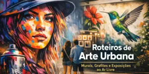 Cena urbana com murais coloridos, incluindo grafite e arte ao ar livre sobre educação financeira brasileira 2026.