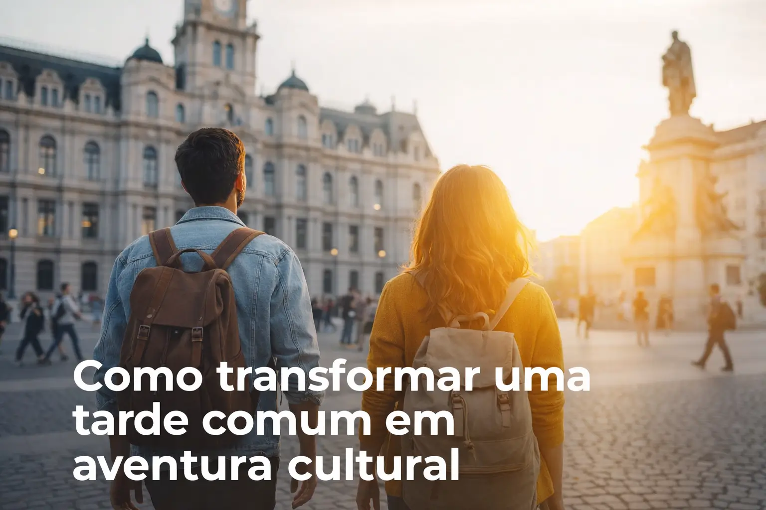 Duas pessoas em uma praça urbana observando o entardecer com uma cidade ao fundo