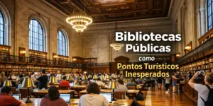 Grande biblioteca com mesas e livros, atrai turistas e promove educação