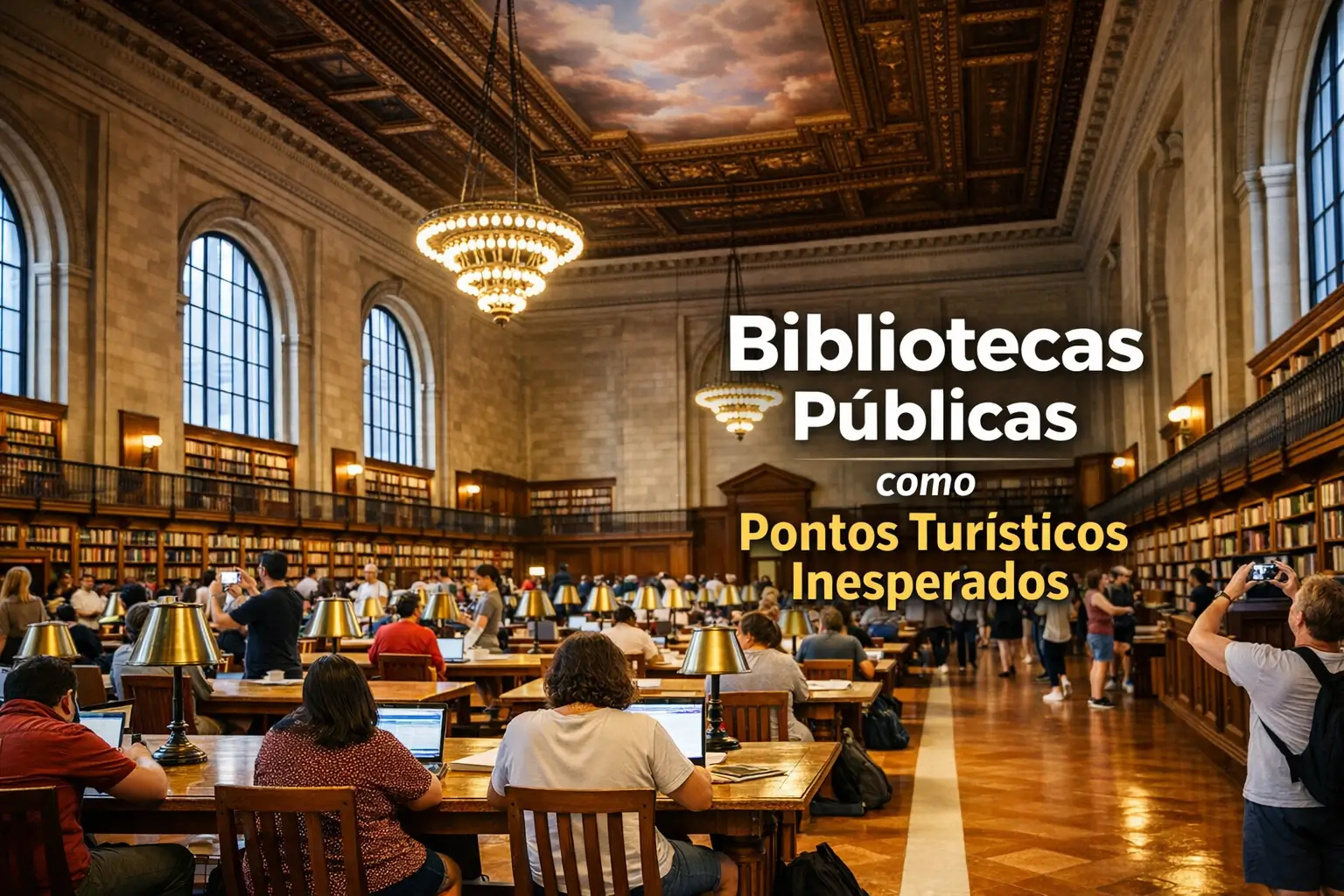 Grande biblioteca com mesas e livros, atrai turistas e promove educação