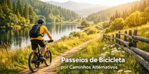 Pessoa de camisa amarela pedalando bicicleta em trilha à beira de lago sereno