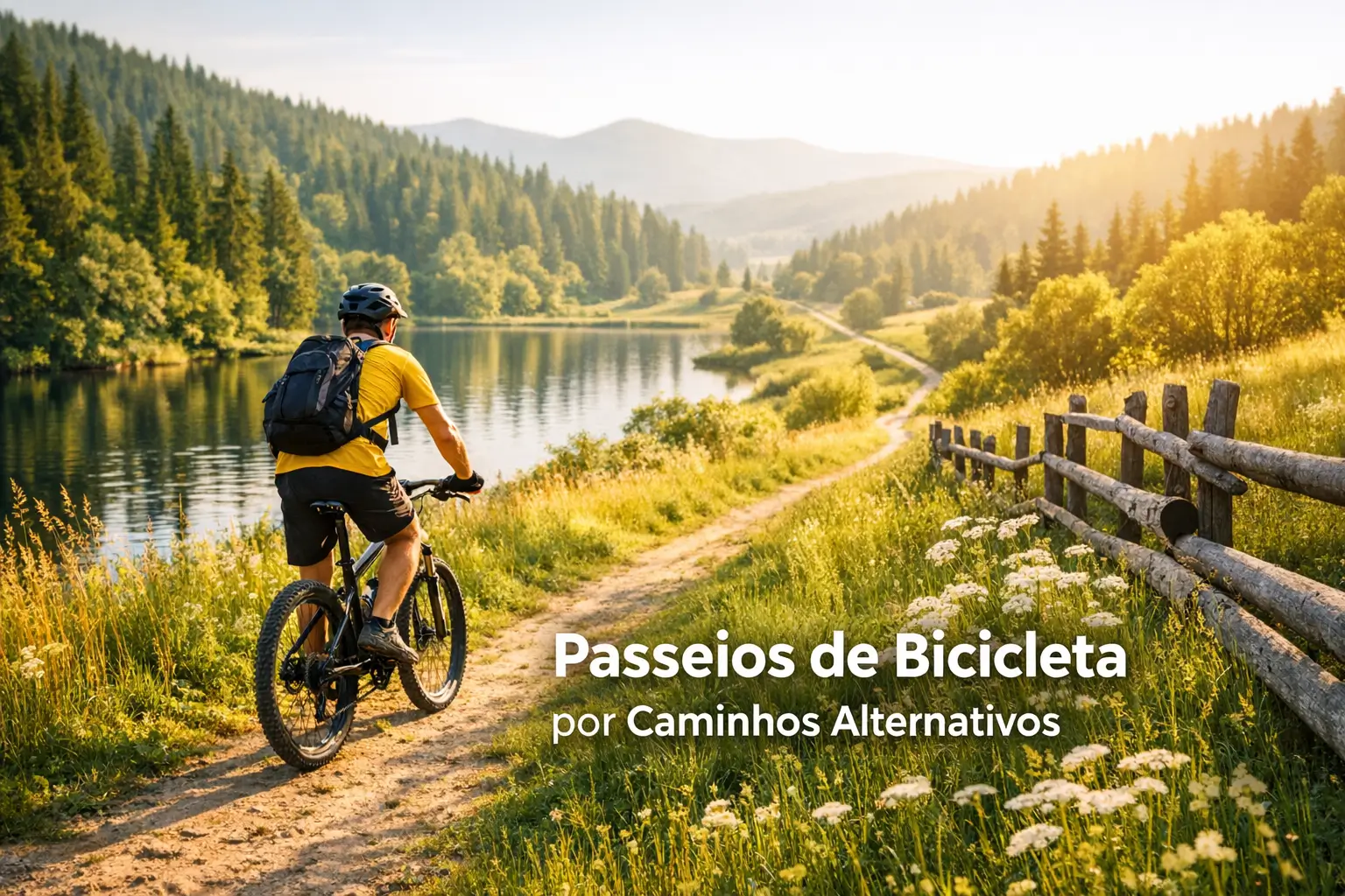 Pessoa de camisa amarela pedalando bicicleta em trilha à beira de lago sereno