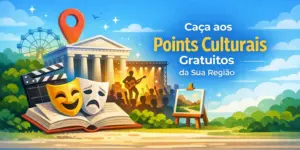 Ilustração vibrante com símbolos culturais brasileiros e texto sobre atrações gratuitas