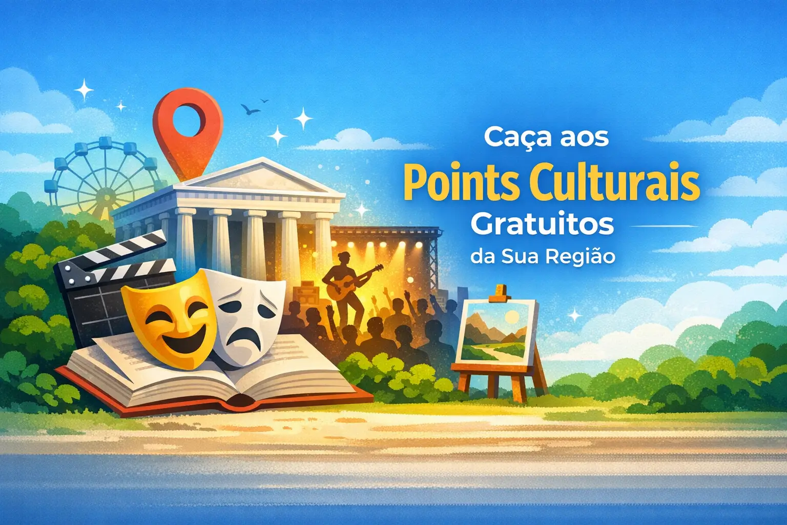 Ilustração vibrante com símbolos culturais brasileiros e texto sobre atrações gratuitas