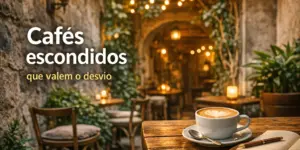 Café com latte art em ambiente rústico com luzes suaves e vegetação