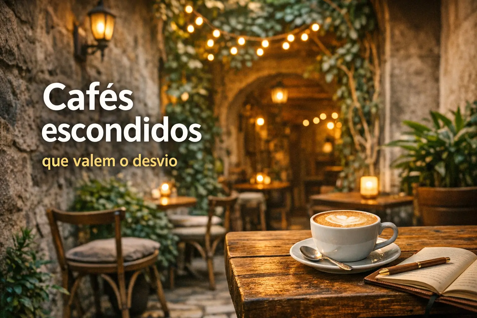 Café com latte art em ambiente rústico com luzes suaves e vegetação