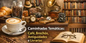 Mesa com café, croissant e jarra à esquerda e itens antigos à direita