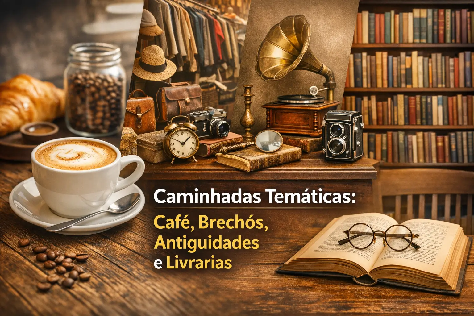 Mesa com café, croissant e jarra à esquerda e itens antigos à direita