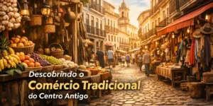 Comércio tradicional em mercado vibrante com frutas frescas no Centro Antigo