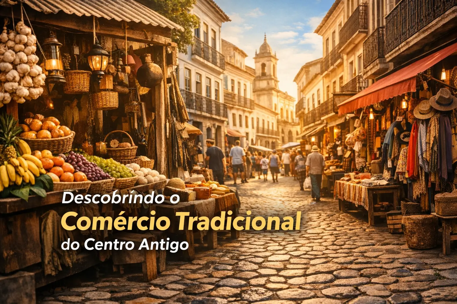 Comércio tradicional em mercado vibrante com frutas frescas no Centro Antigo
