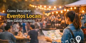 Mulher explora um mapa em evento ao ar livre com luzes e ícones de descobertas locais