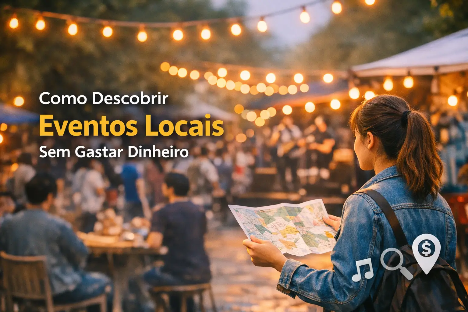 Mulher explora um mapa em evento ao ar livre com luzes e ícones de descobertas locais