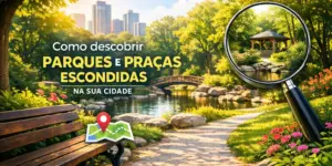 Parque sereno e verde com banco, jardim e gazebo ao fundo