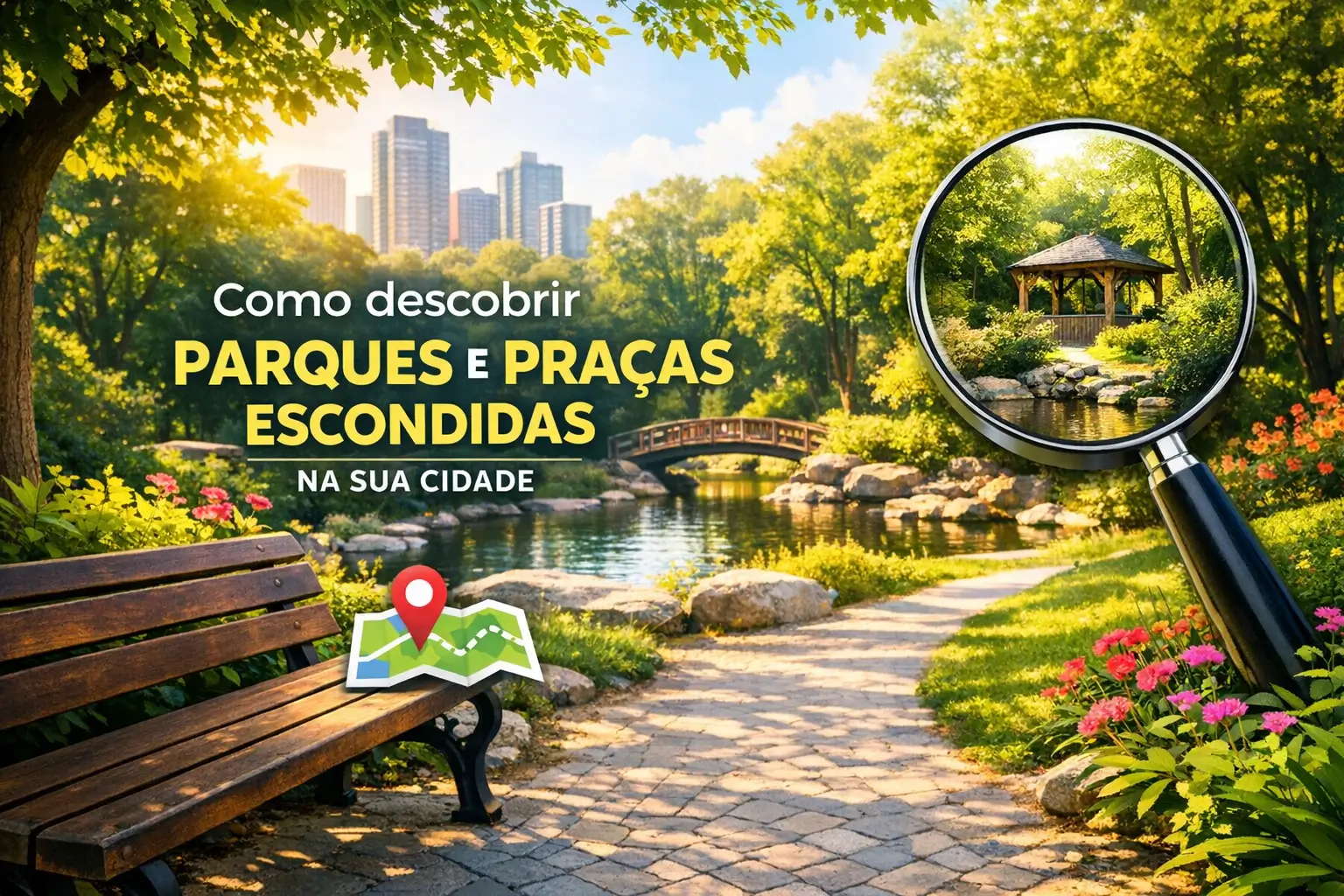 Parque sereno e verde com banco, jardim e gazebo ao fundo