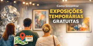 Três pessoas apreciando exposições de arte gratuita numa galeria moderna