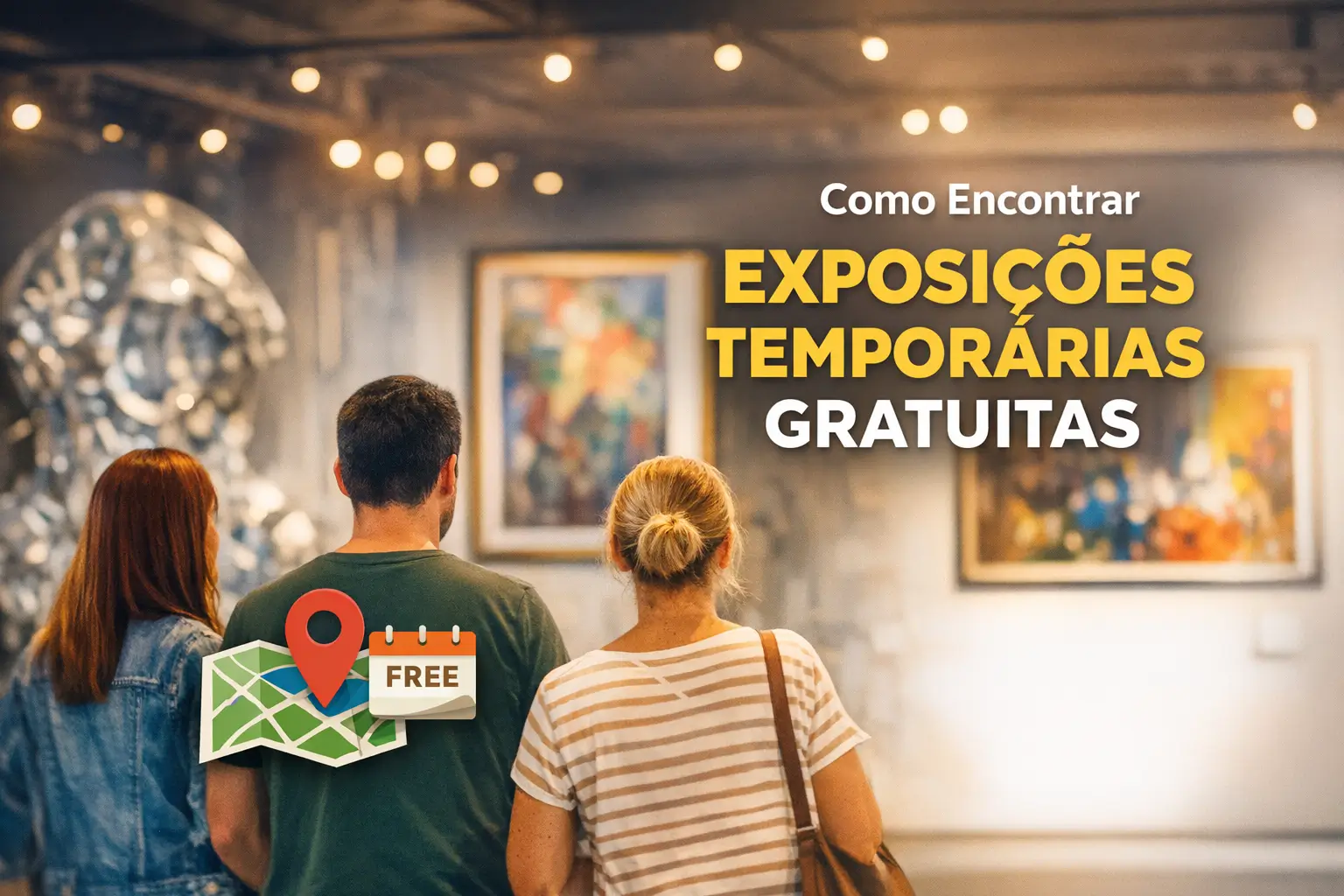 Três pessoas apreciando exposições de arte gratuita numa galeria moderna