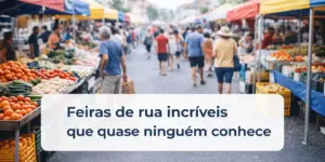 Mercado de rua no Brasil com tendas coloridas e pessoas explorando, 2026