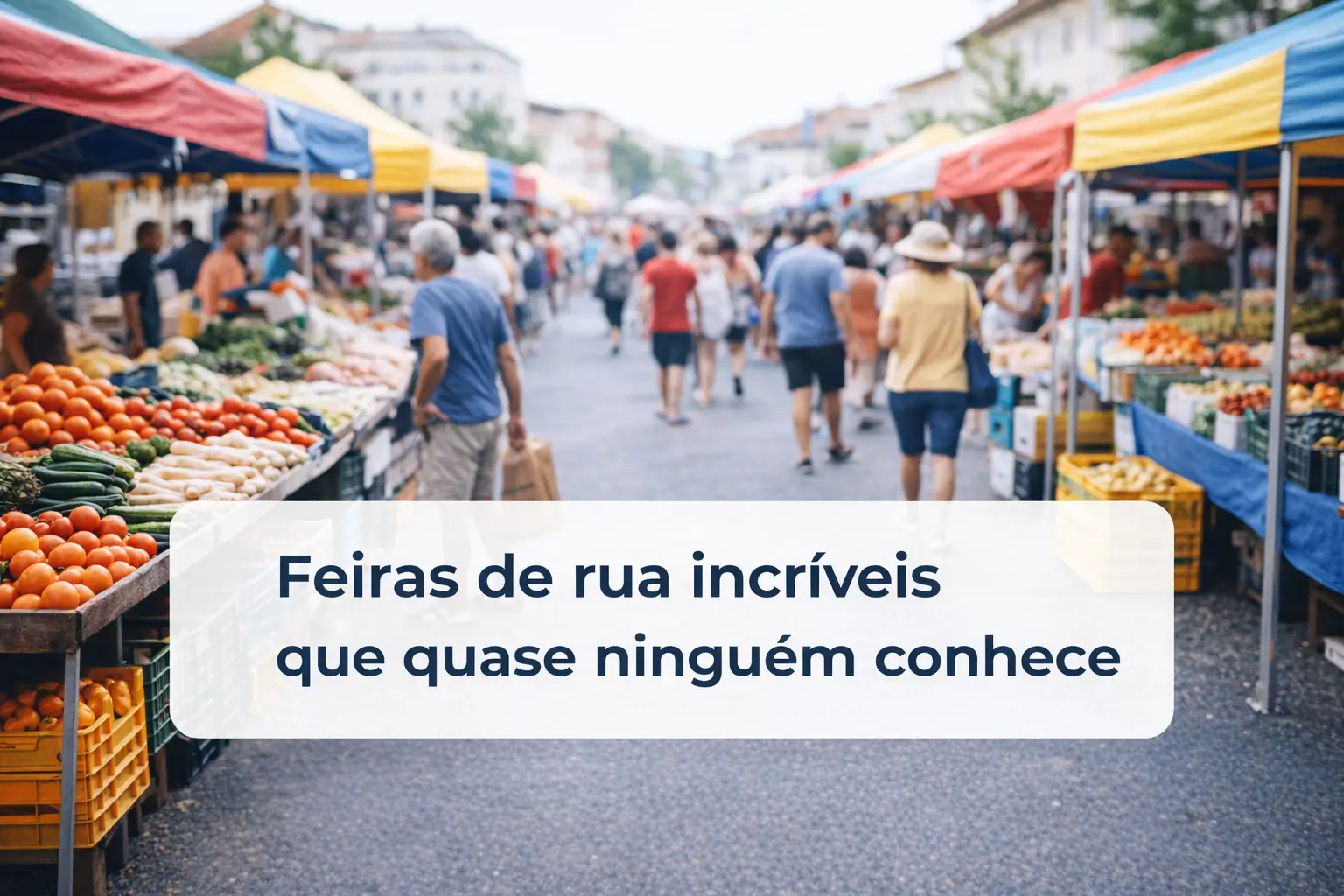 Mercado de rua no Brasil com tendas coloridas e pessoas explorando, 2026