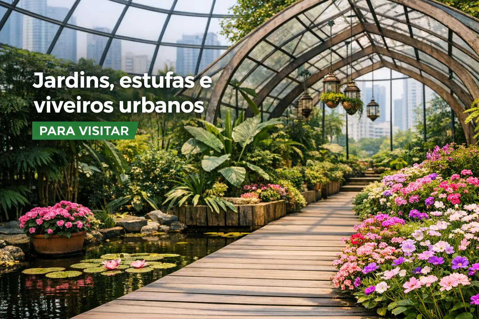 Caminho de madeira em estufa urbana com flores tropicais e arranha-céus ao fundo, 2026