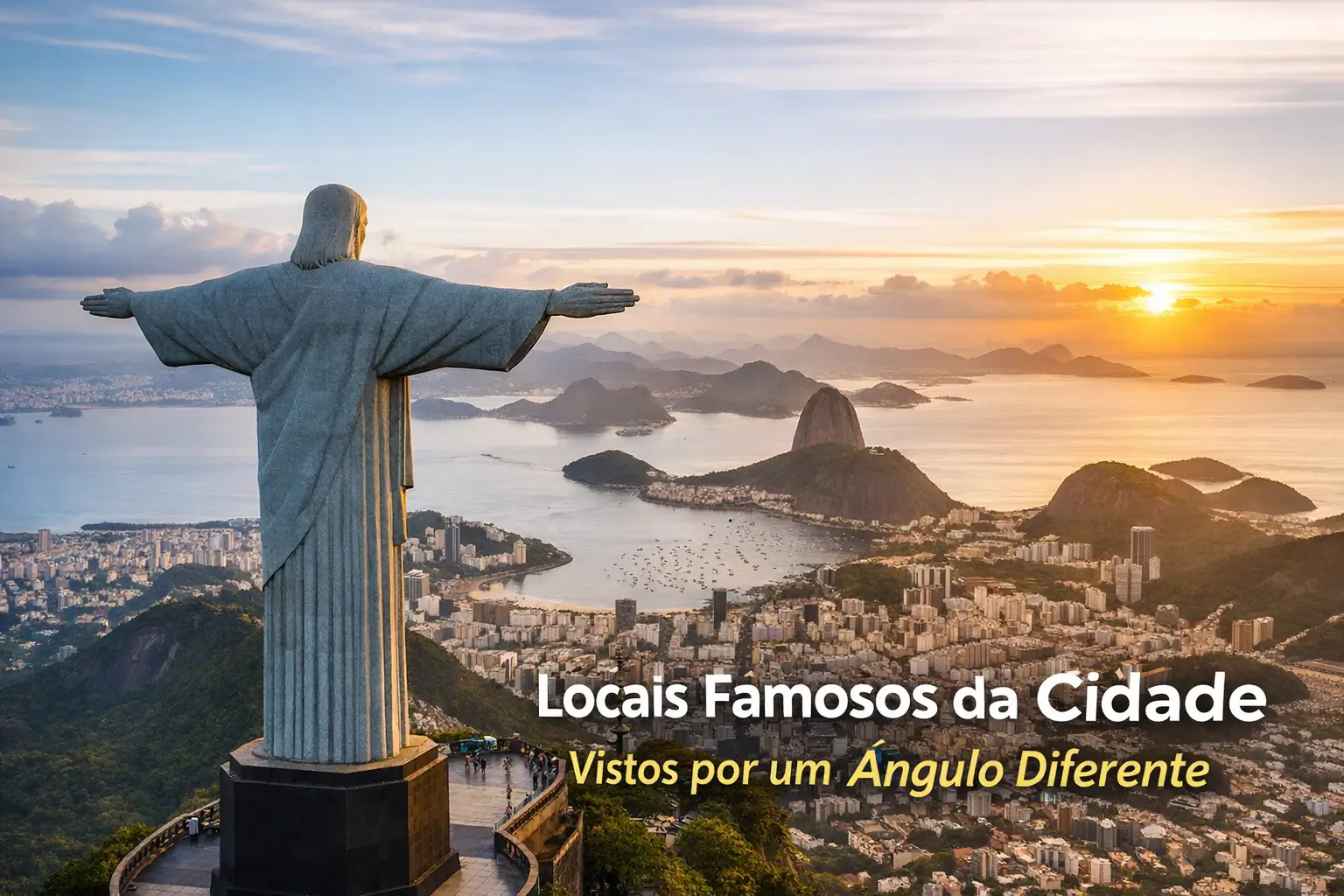 Cristo Redentor e cidade brasileira ao pôr do sol, 2026