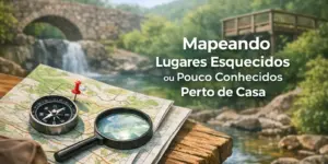 Mapa com lupa e bússola ao ar livre perto de riacho e ponte