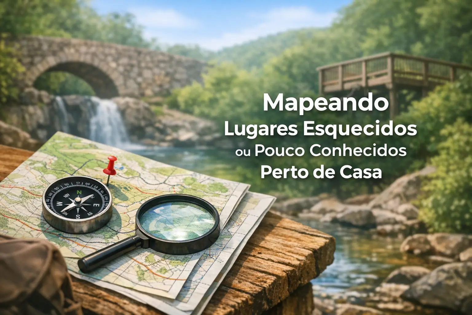 Mapa com lupa e bússola ao ar livre perto de riacho e ponte