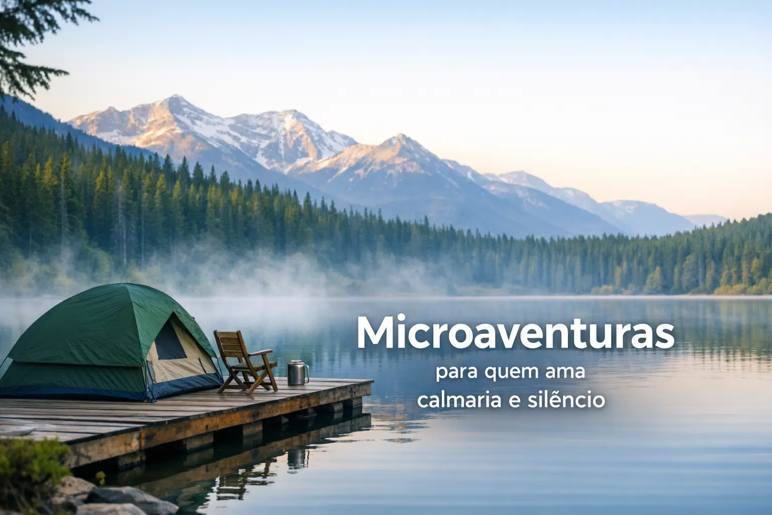Lago com montanhas, camping e calmaria ao amanhecer