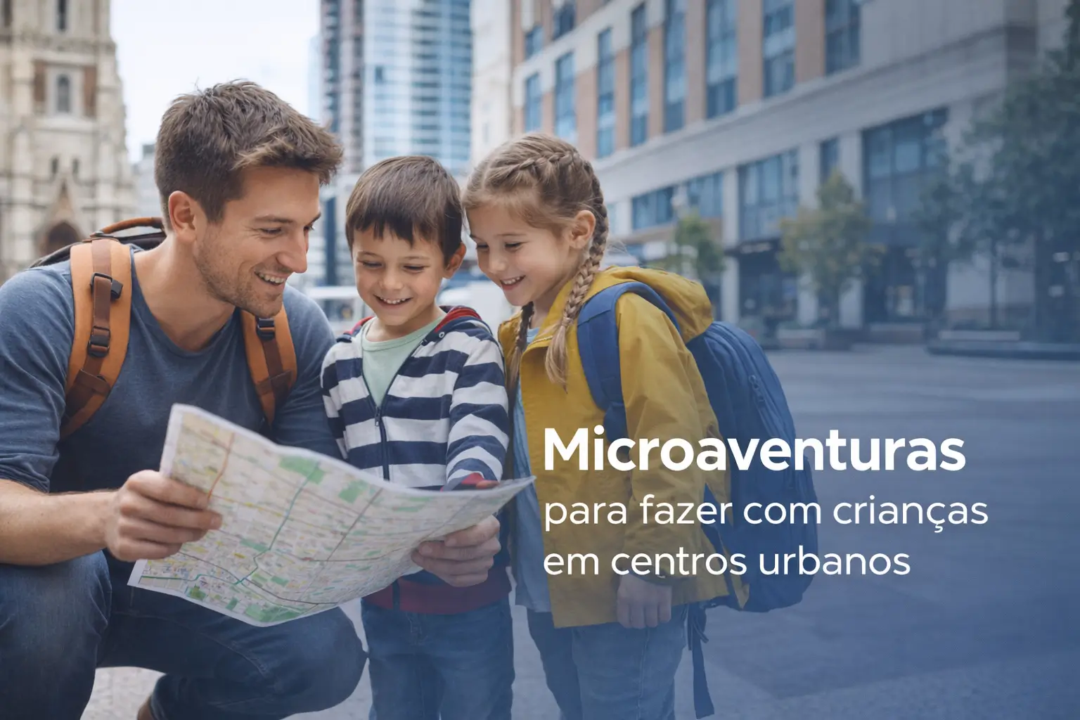 Homem com mochila e duas crianças olhando um mapa em centro urbano