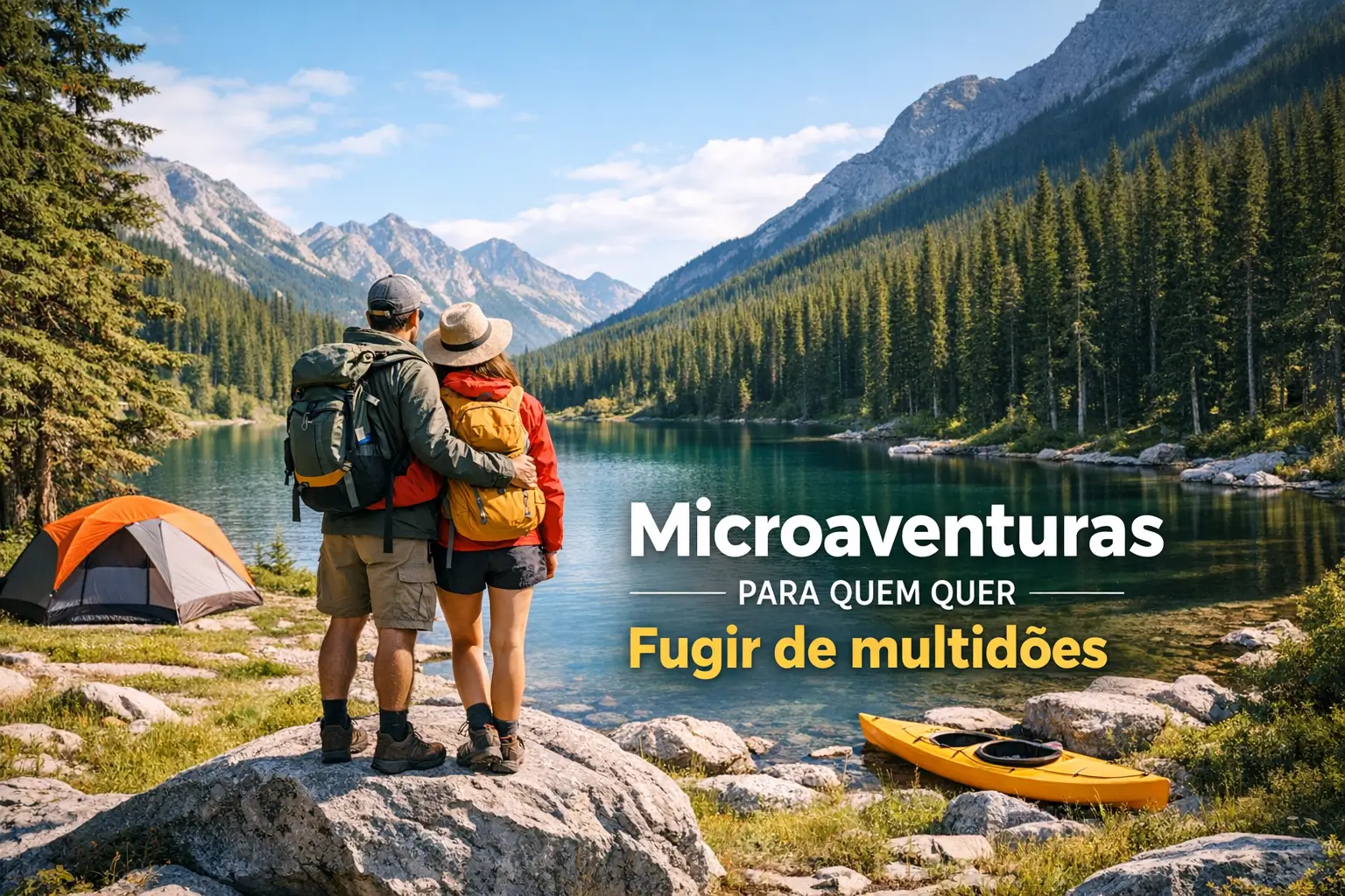 Casal em trilha à beira de lago cercado por montanhas e floresta, com barraca e caiaque.