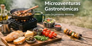 Cena ao ar livre com comida em fogão portátil e alimentos frescos, mostrando aventura culinária econômica.