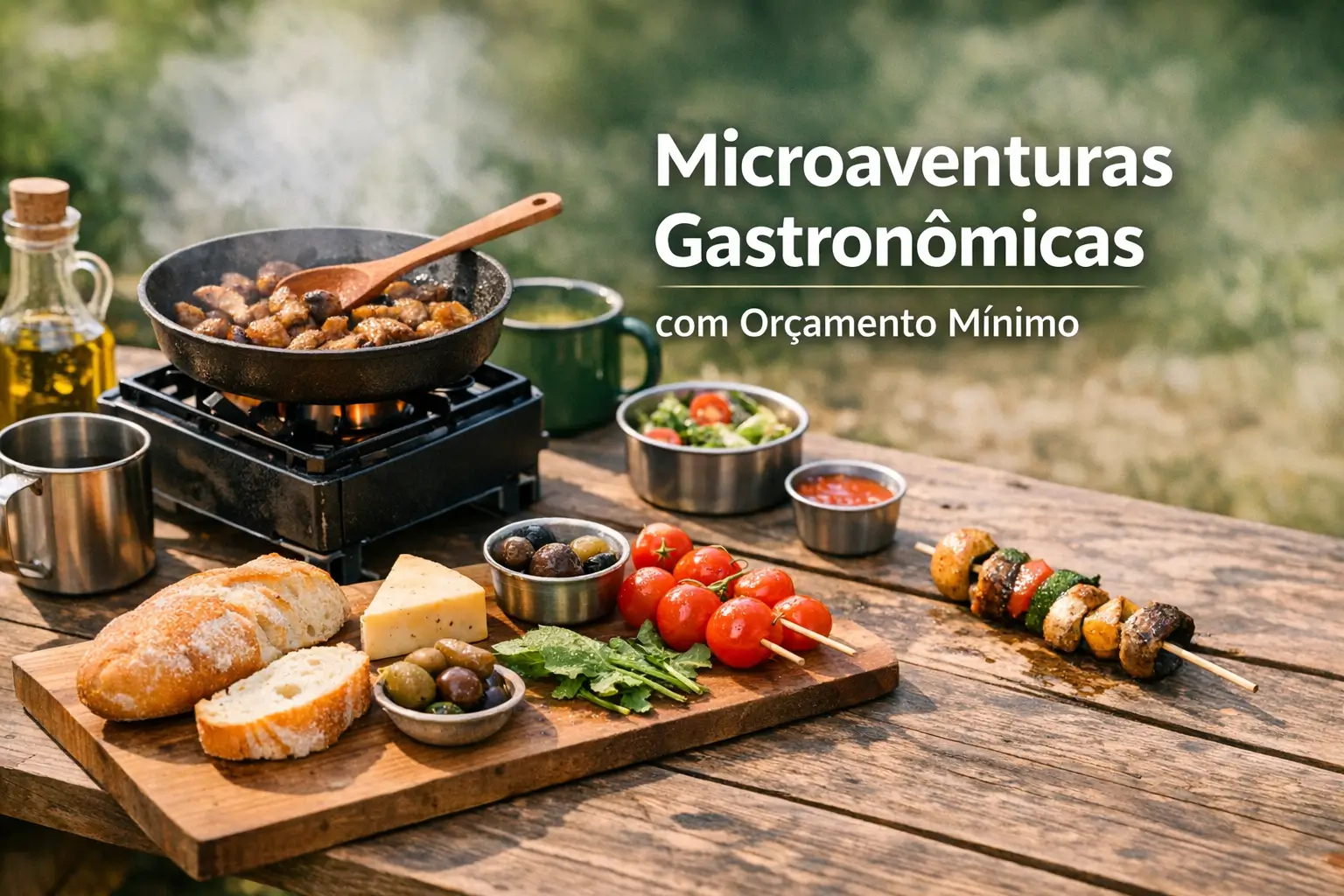 Cena ao ar livre com comida em fogão portátil e alimentos frescos, mostrando aventura culinária econômica.