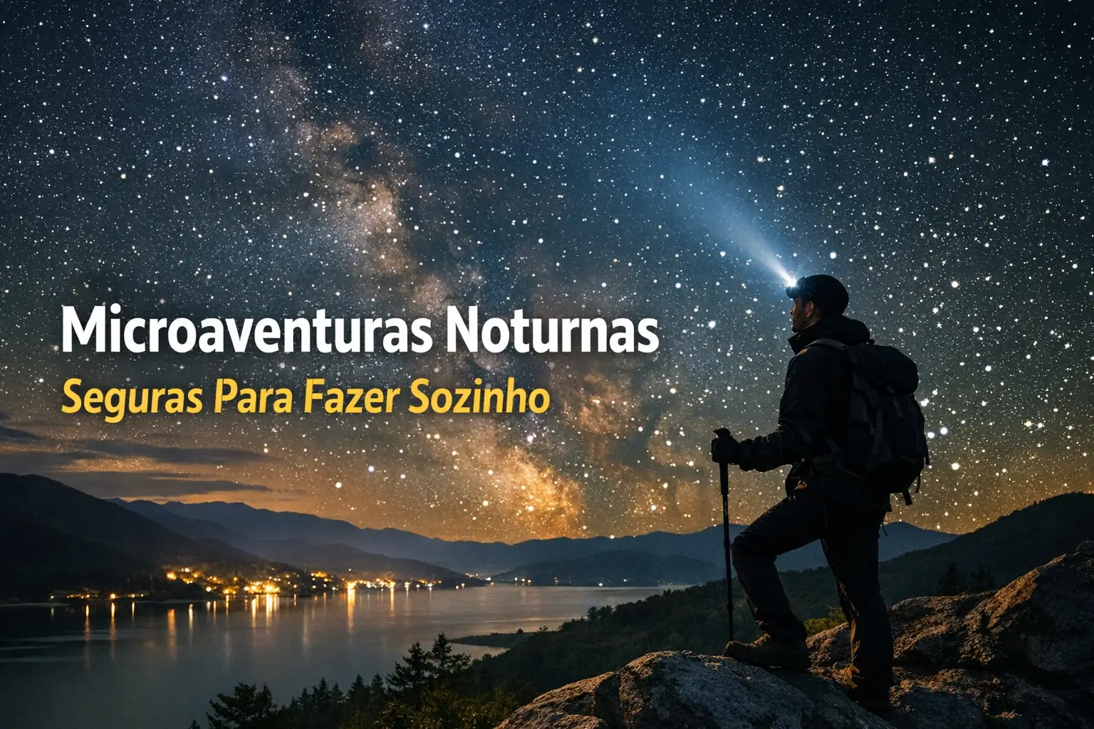 Silhueta de aventureiro sob o céu estrelado, explorando microaventuras noturnas seguras.