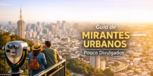 Casal observa mirante urbano ao pôr do sol com guia ao fundo