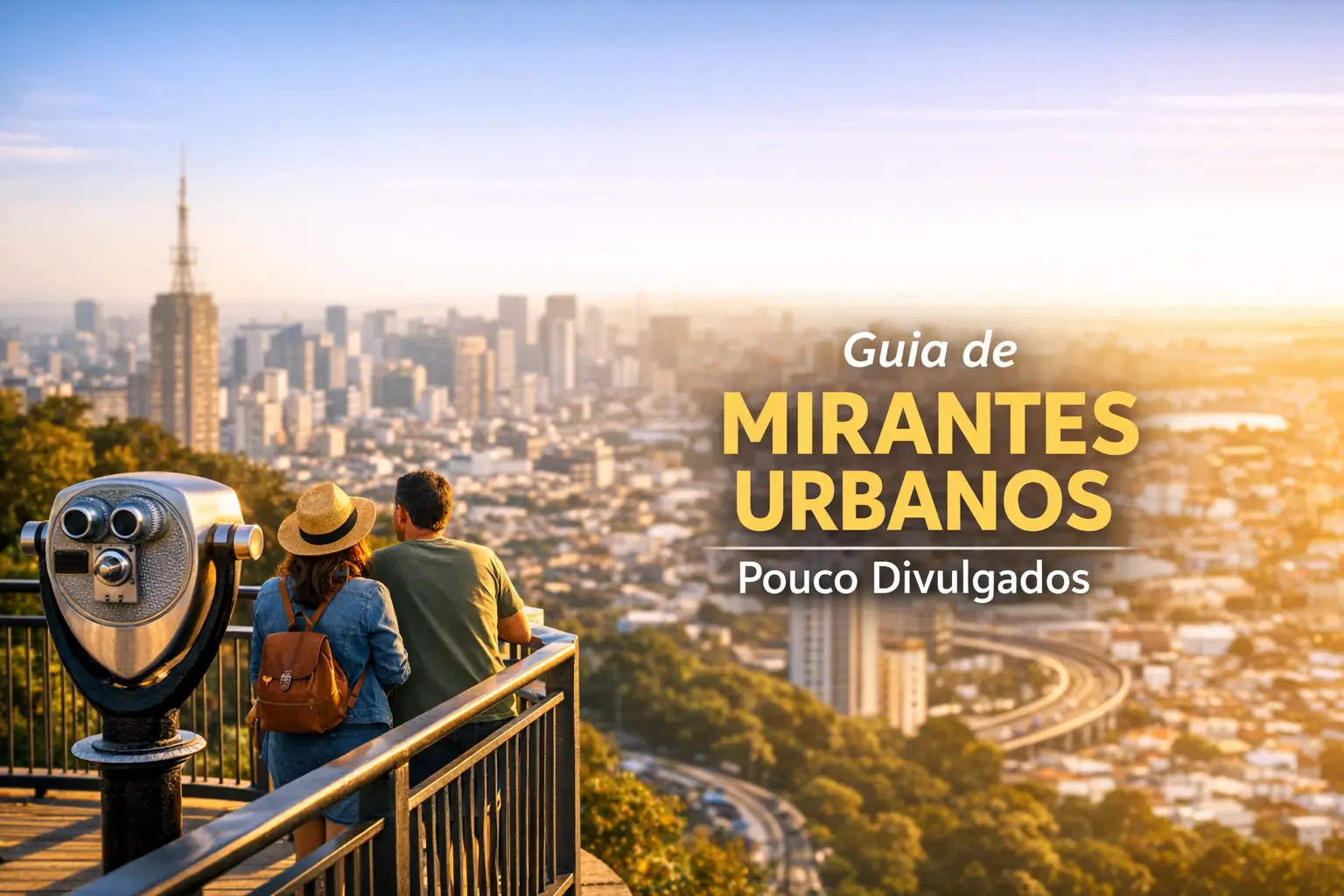 Casal observa mirante urbano ao pôr do sol com guia ao fundo