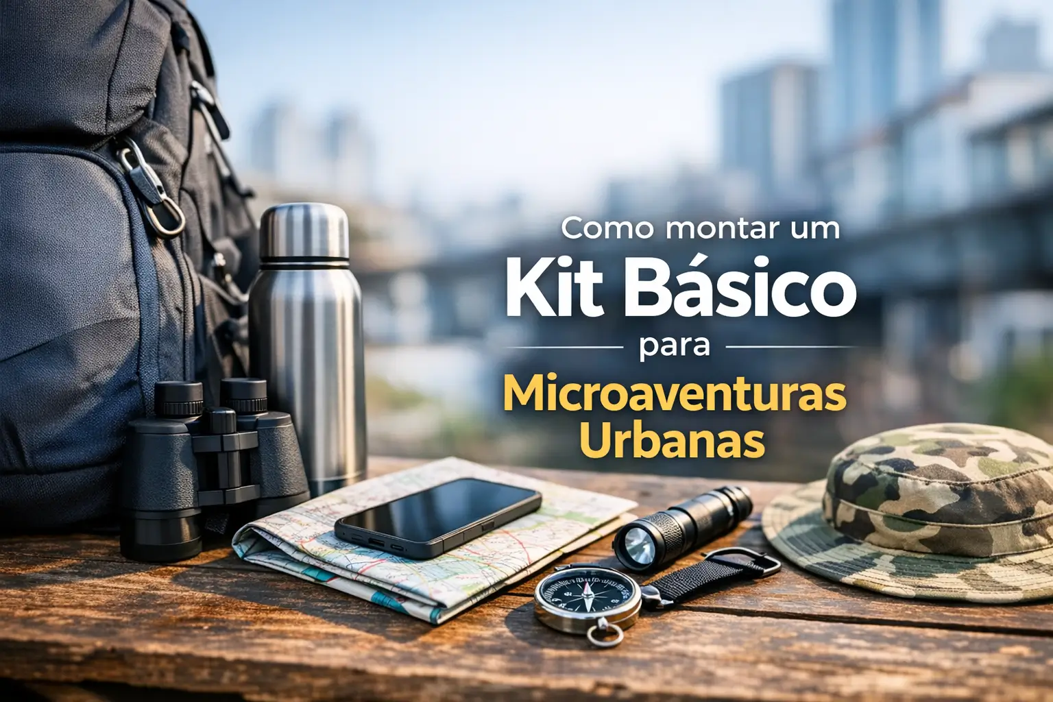 Kit básico para microaventuras urbanas com binóculos e mapa