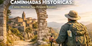 Homem em arco de pedra com vila histórica ao fundo em Caminhadas Históricas