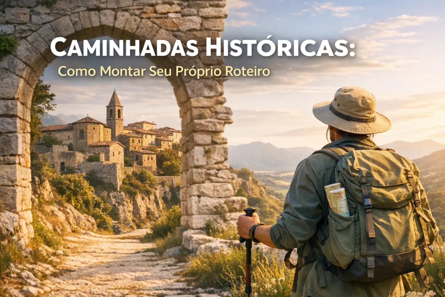 Homem em arco de pedra com vila histórica ao fundo em Caminhadas Históricas