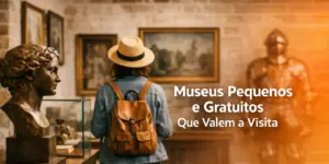 Pessoa com chapéu de palha admira pinturas em museu pequeno e gratuito.