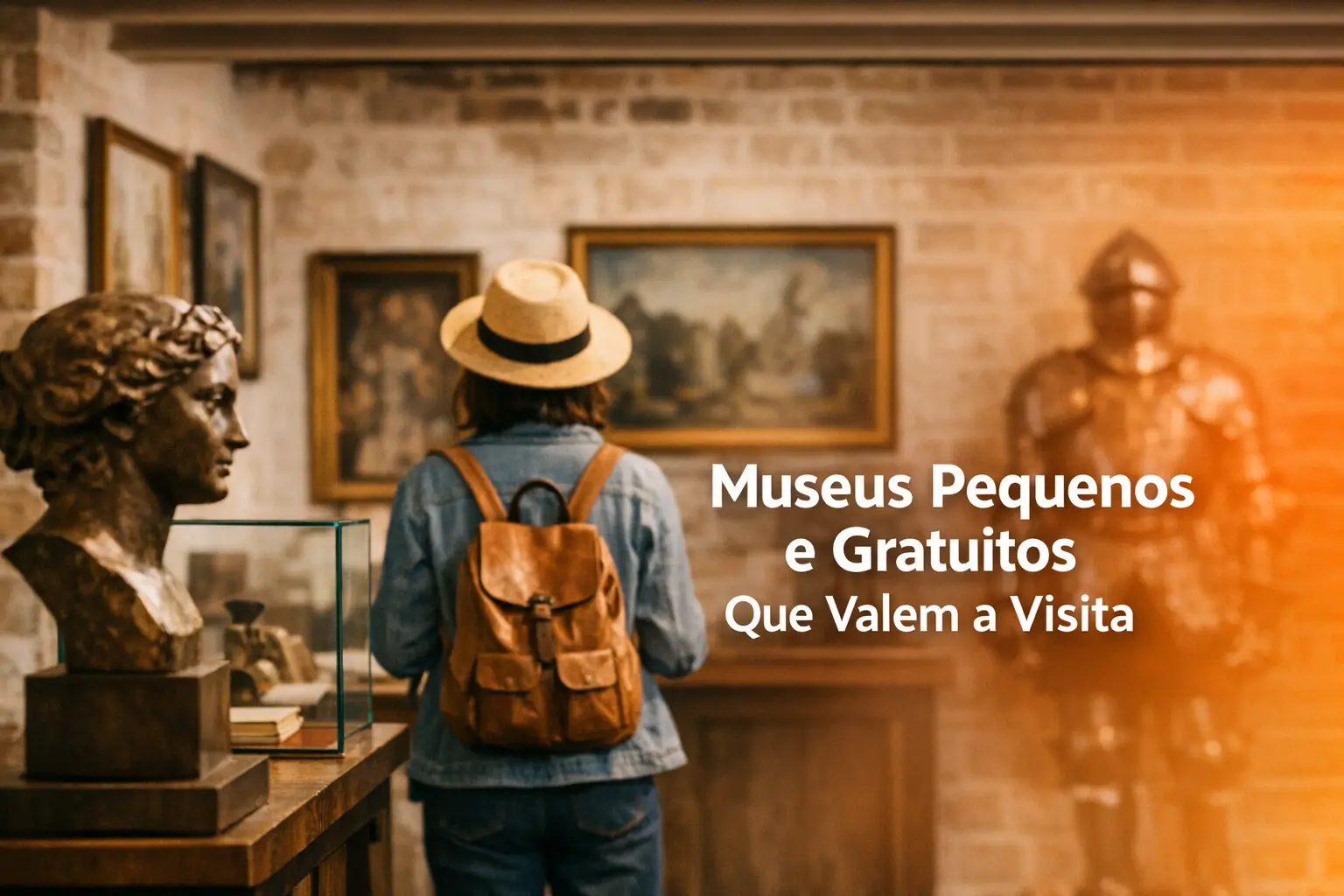 Pessoa com chapéu de palha admira pinturas em museu pequeno e gratuito.