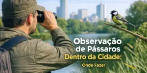 Um homem observa pássaros com binóculos à beira de um rio urbano.