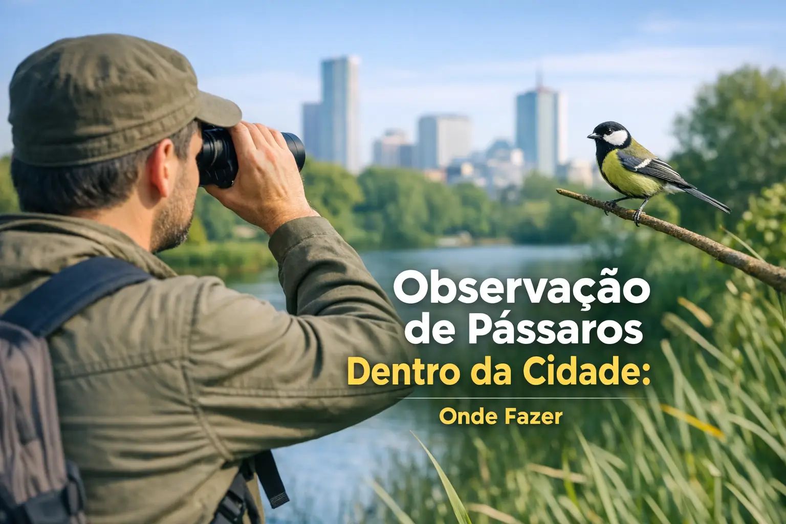 Um homem observa pássaros com binóculos à beira de um rio urbano.