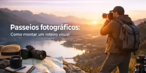 Cena ao pôr do sol com mochila, câmera e mapa sobre rocha e fotógrafo ao fundo