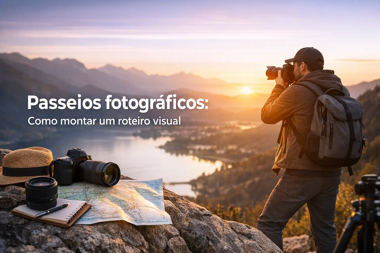 Cena ao pôr do sol com mochila, câmera e mapa sobre rocha e fotógrafo ao fundo
