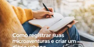 Pessoa registrando experiências em diário urbano com clima introspectivo