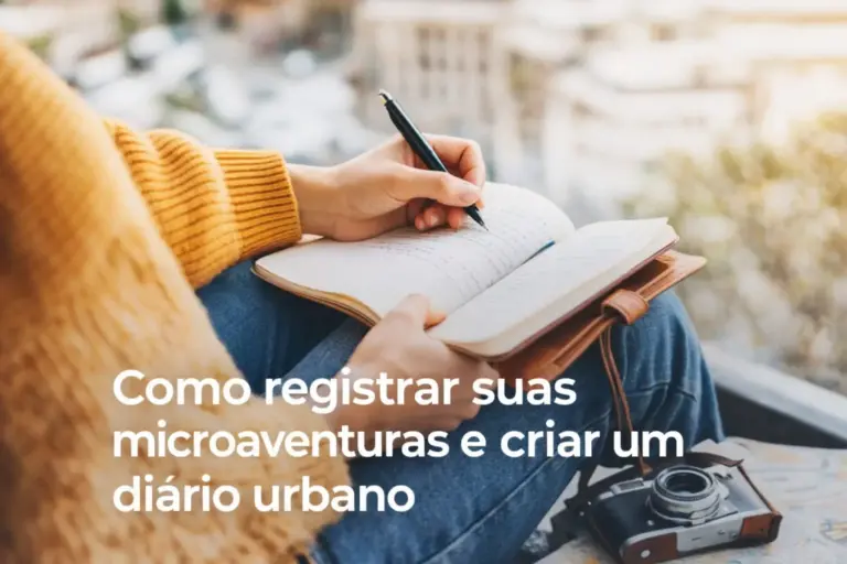 Pessoa registrando experiências em diário urbano com clima introspectivo