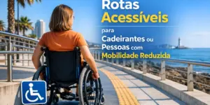Cadeirante em uma rota acessível à beira-mar com faixa tátil amarela