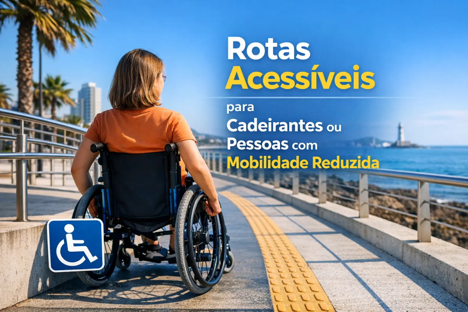 Cadeirante em uma rota acessível à beira-mar com faixa tátil amarela