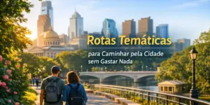 Casal caminhando ao pôr do sol em rota temática urbana, foco em educação financeira