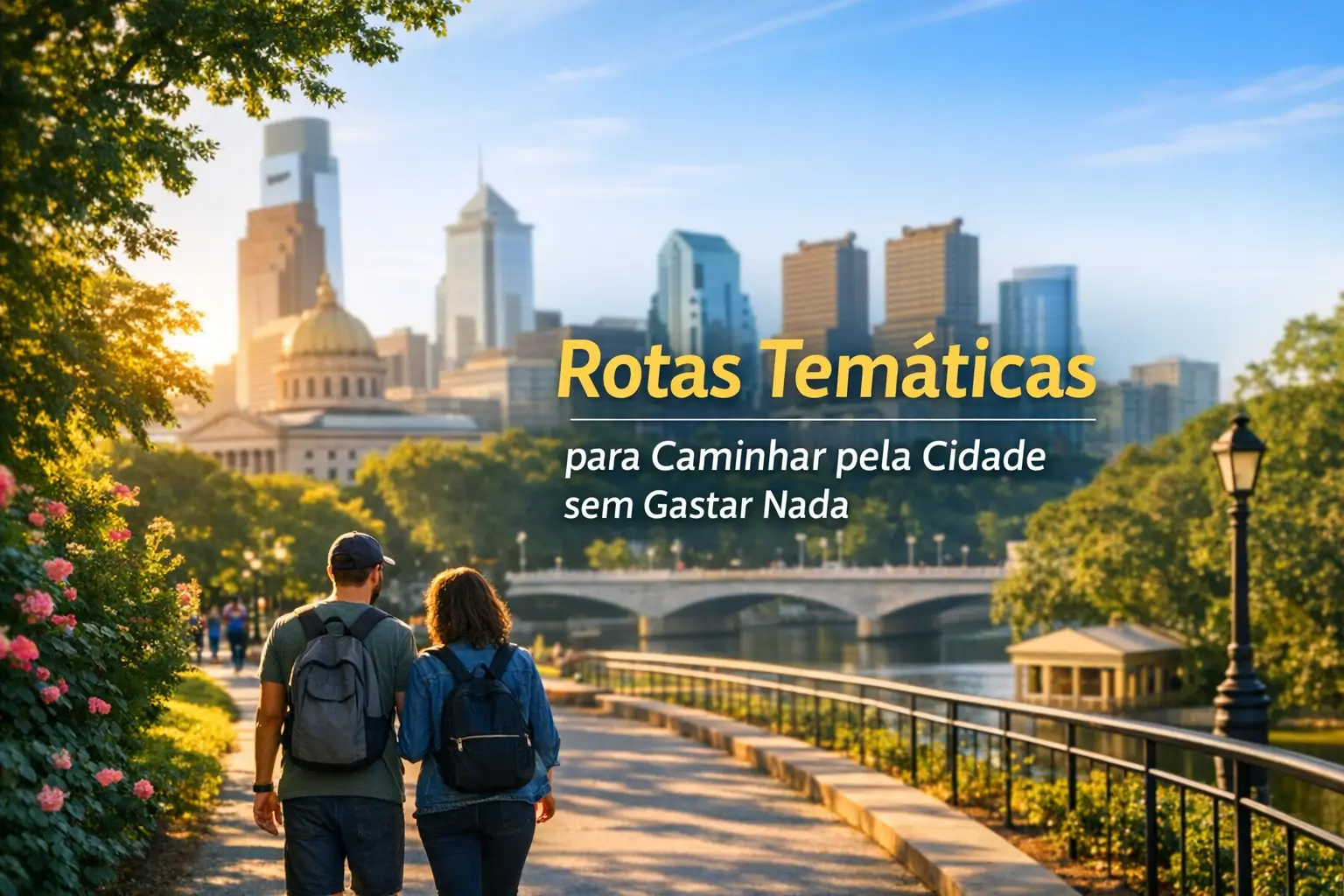 Casal caminhando ao pôr do sol em rota temática urbana, foco em educação financeira