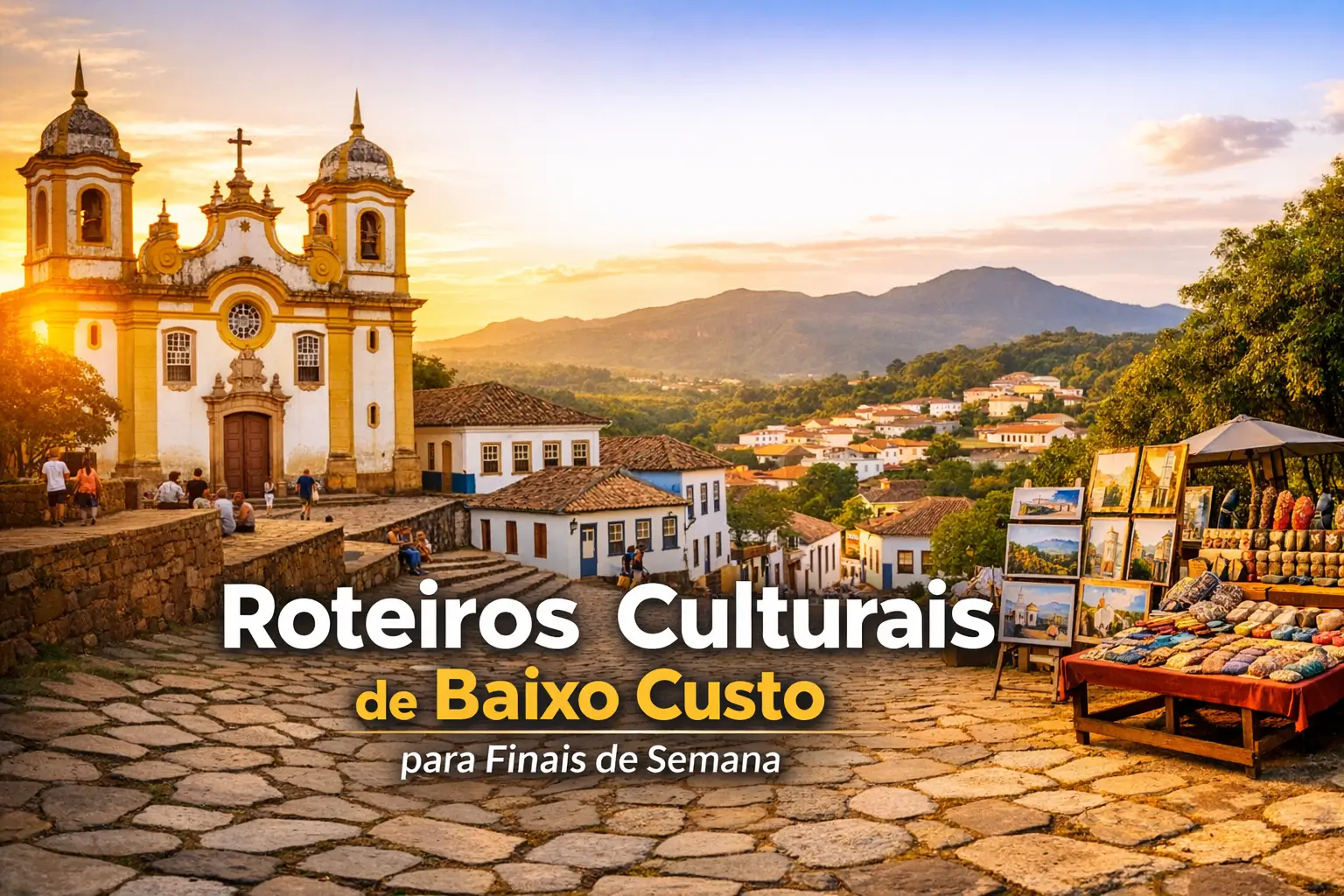 Cena de cidade histórica ao entardecer com igreja e casas coloniais em 2026